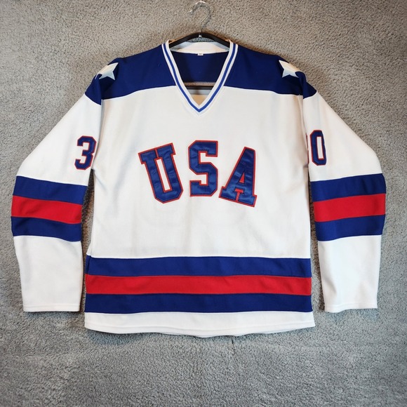 Jim Craig #30 Miracle Olympic USA Ice Hockey Jersey Mens Medium Blue & White - Picture 1 of 6